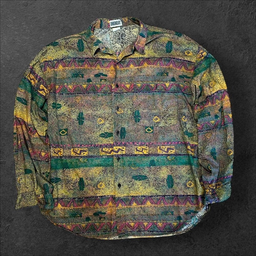 Vintage 90s Unionbay Abstract Tribal Pattern Button Up Shirt Made in India Rayon